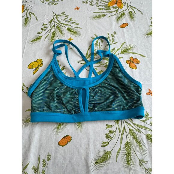 Prana Womens Medium Strappy Sports Bra Blue & Green Striped Stretchy Fitness - Picture 1 of 6